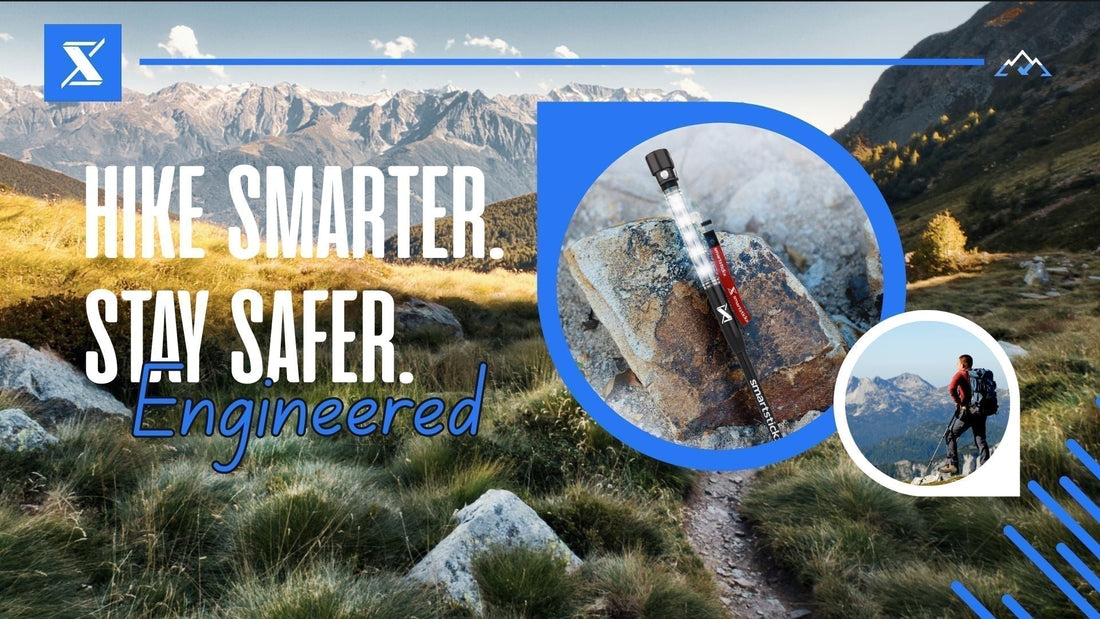 Hiking trekking pole SmartStickX on mountain trail showing multi-functional walking stick for hiking with safety and outdoor performance