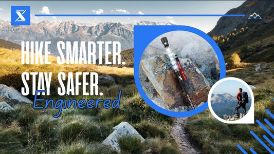 Hiking trekking pole SmartStickX on mountain trail showing multi-functional walking stick for hiking with safety and outdoor performance