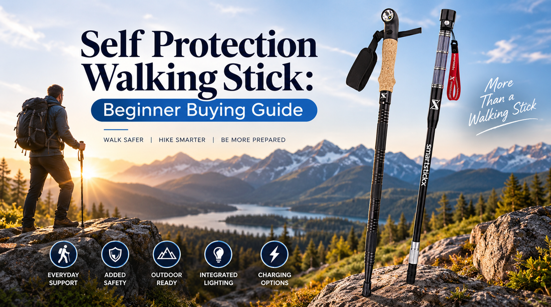 SmartStickX self protection walking stick with cork grip, integrated LED light, wrist strap and durable black shaft.