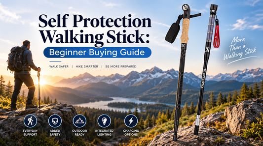 SmartStickX self protection walking stick with cork grip, integrated LED light, wrist strap and durable black shaft.