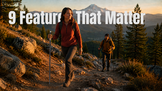 Woman hiking with a SmartStickX walking stick on a mountain trail while another hiker uses trekking poles, with “9 Features That Matter” text.