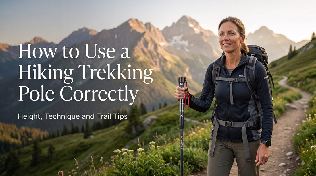 Woman using a SmartStickX hiking trekking pole on a mountain trail with backpack, demonstrating proper trekking pole use.