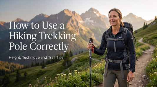 Woman using a SmartStickX hiking trekking pole on a mountain trail with backpack, demonstrating proper trekking pole use.