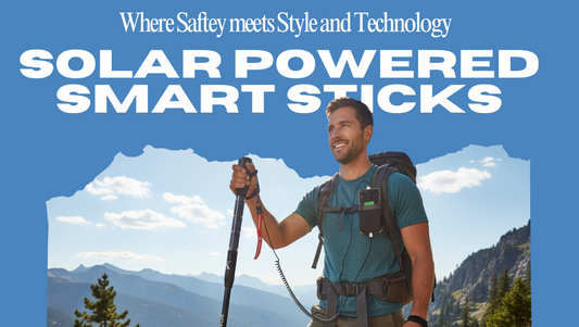 Solar powered smart walking stick for hiking stick used by hiker on mountain trail for safety, navigation, and outdoor adventure.