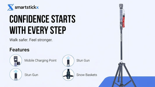 tactical walking stick for hiking with stun gun, tripod stand and mobile charging feature by SmartstickX