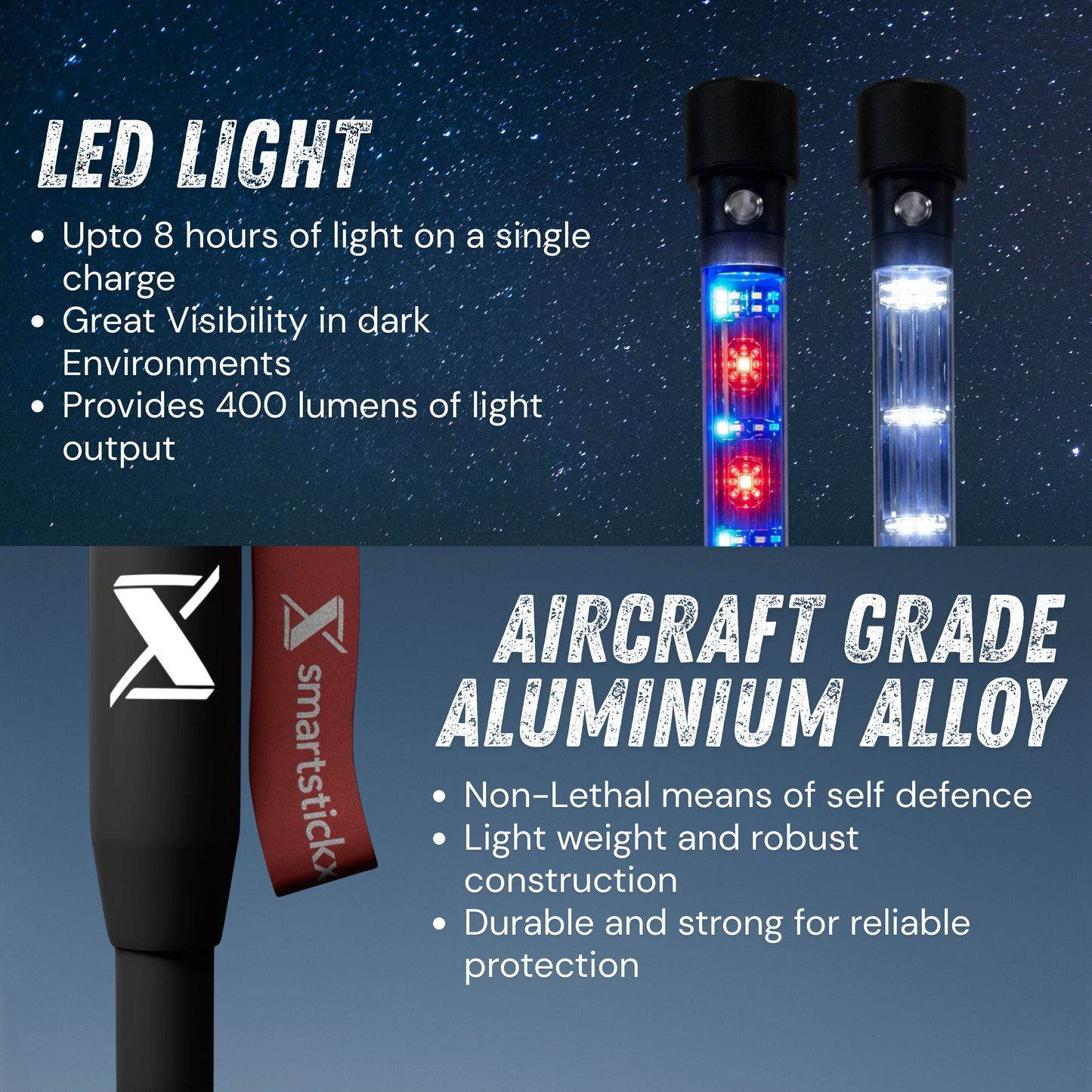 SmartstickX Tactical Walking Stick with Stun Gun - The Ultimate Self-Defense, Light & Power Companion for Every Adventure