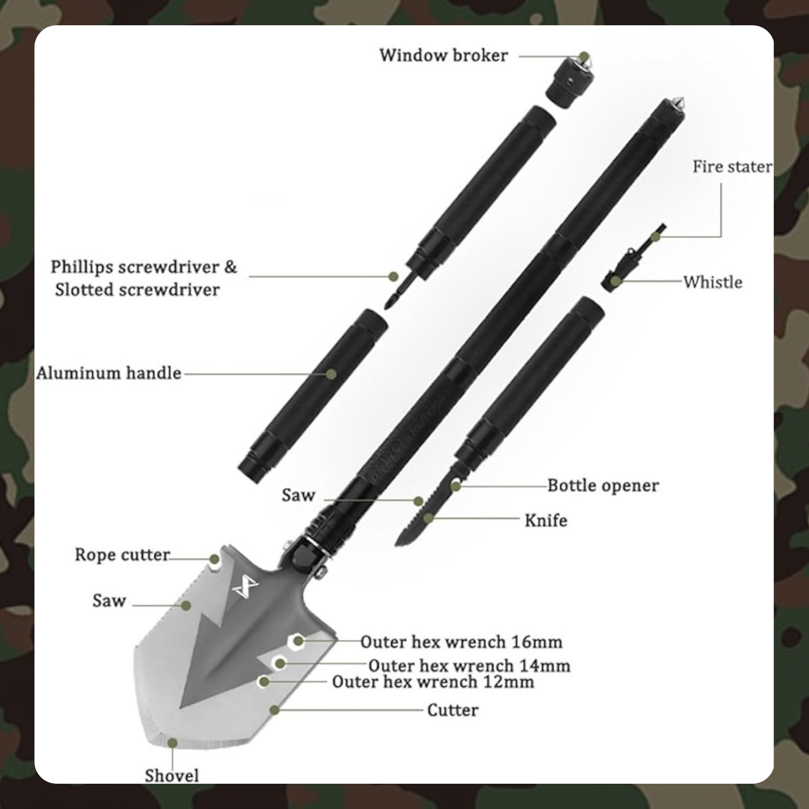 Military Grade Shovel - 13 in 1