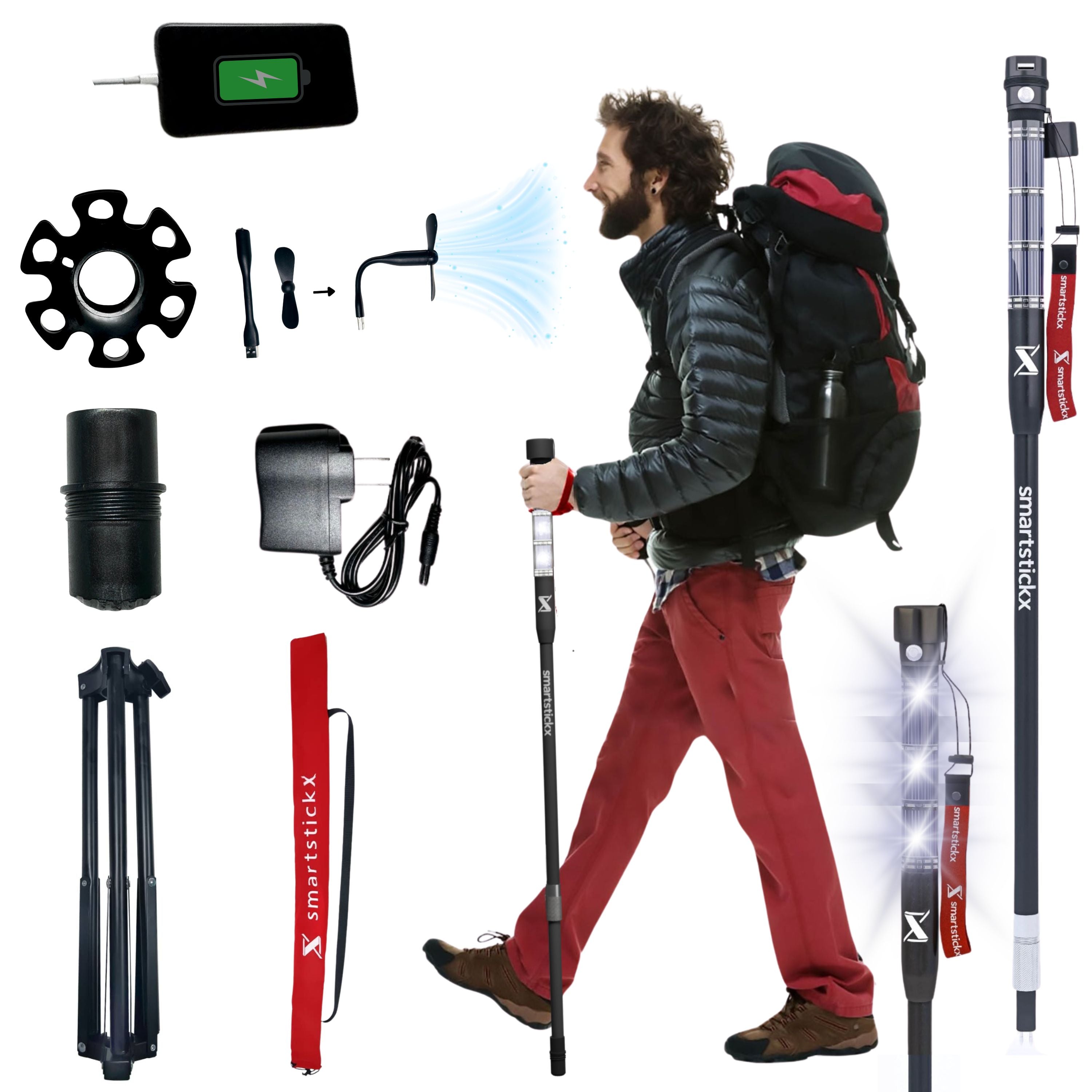 Tactical Walking Stick Collapsible Trekking Pole with Aircraft Aluminum, Power Bank, Bright LED Light Modes, solar chargeable, Hiking,Camping, Outdoor, trecking, staff