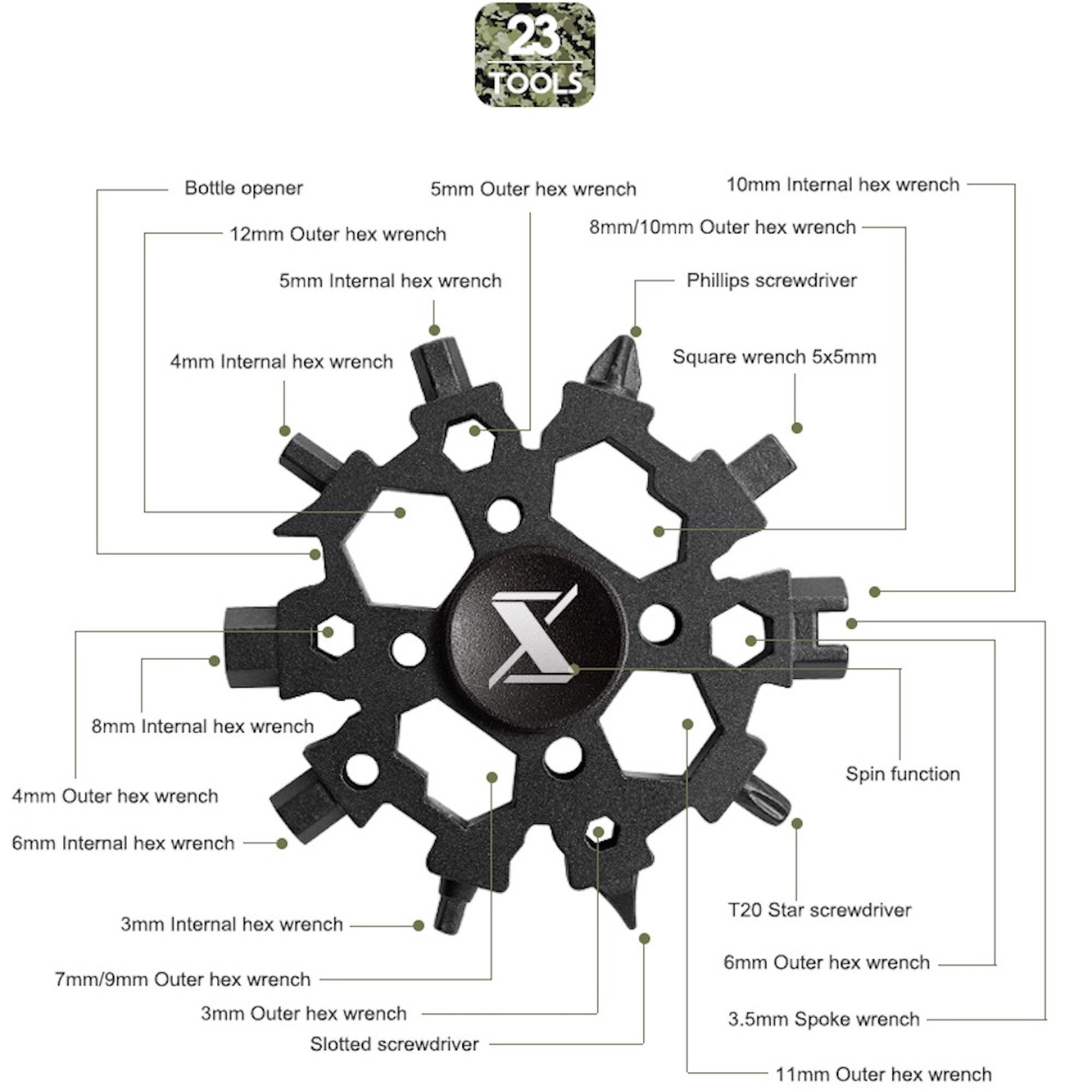 Stainless Steel Snowflake Wrench Multitool - 23 in 1