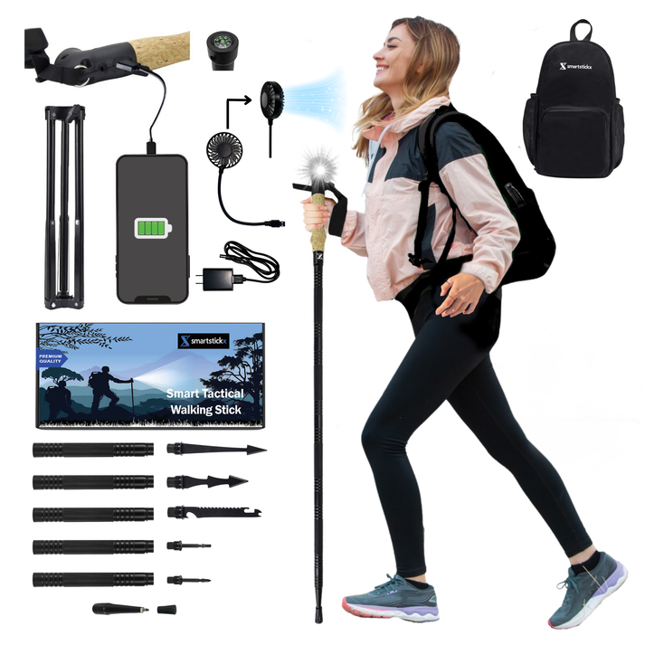 SmartStickX tactical walking stick with outdoor accessories