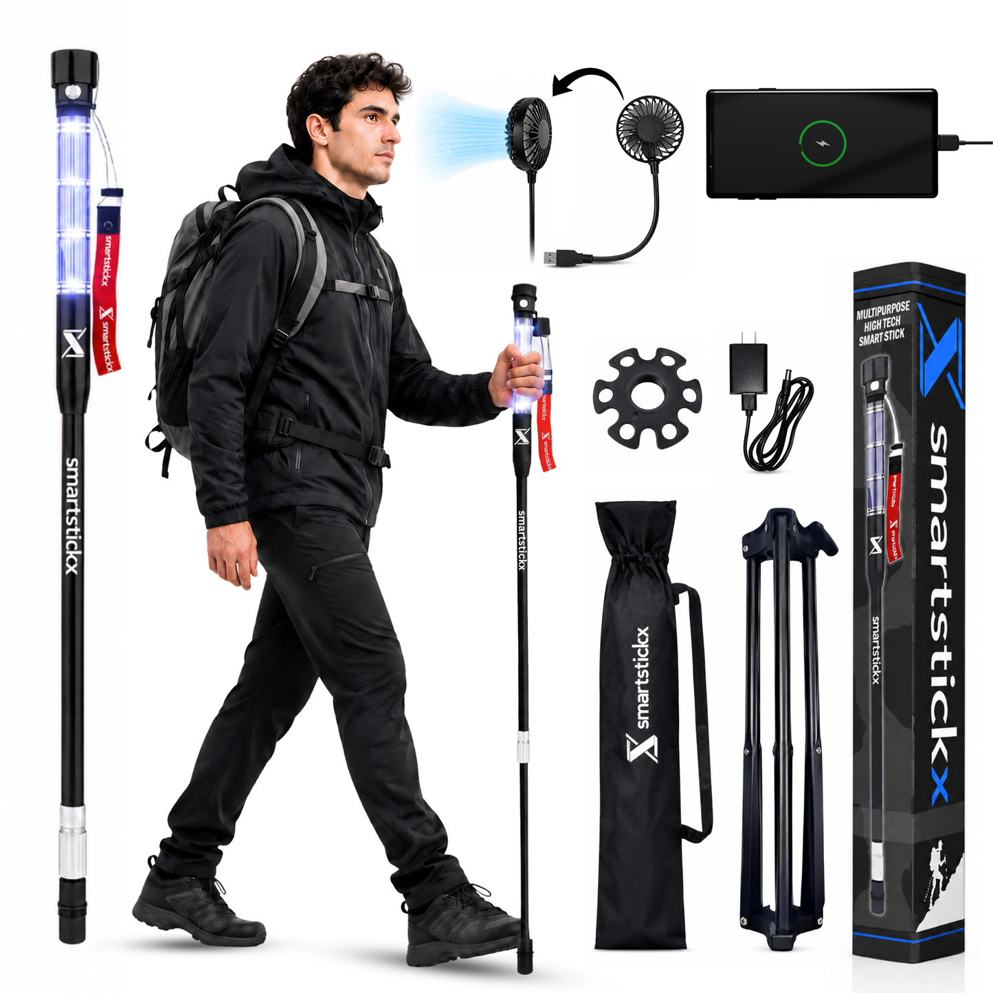 SmartstickX Tactical Walking Stick with Stun Gun - The Ultimate Self-Defense, Light & Power Companion for Every Adventure