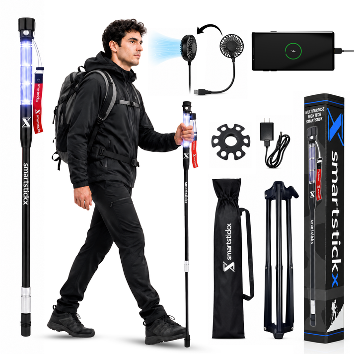 SmartStickX lightweight tactical walking stick with LED light and outdoor accessories